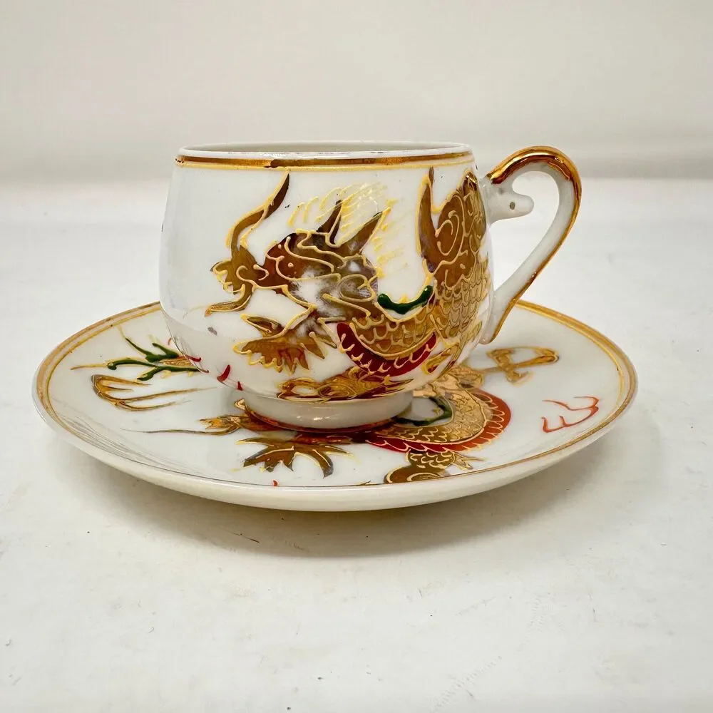 Vintage Japanese Dragonware Moriage Teacup Saucer Geisha Lithophane Fine China